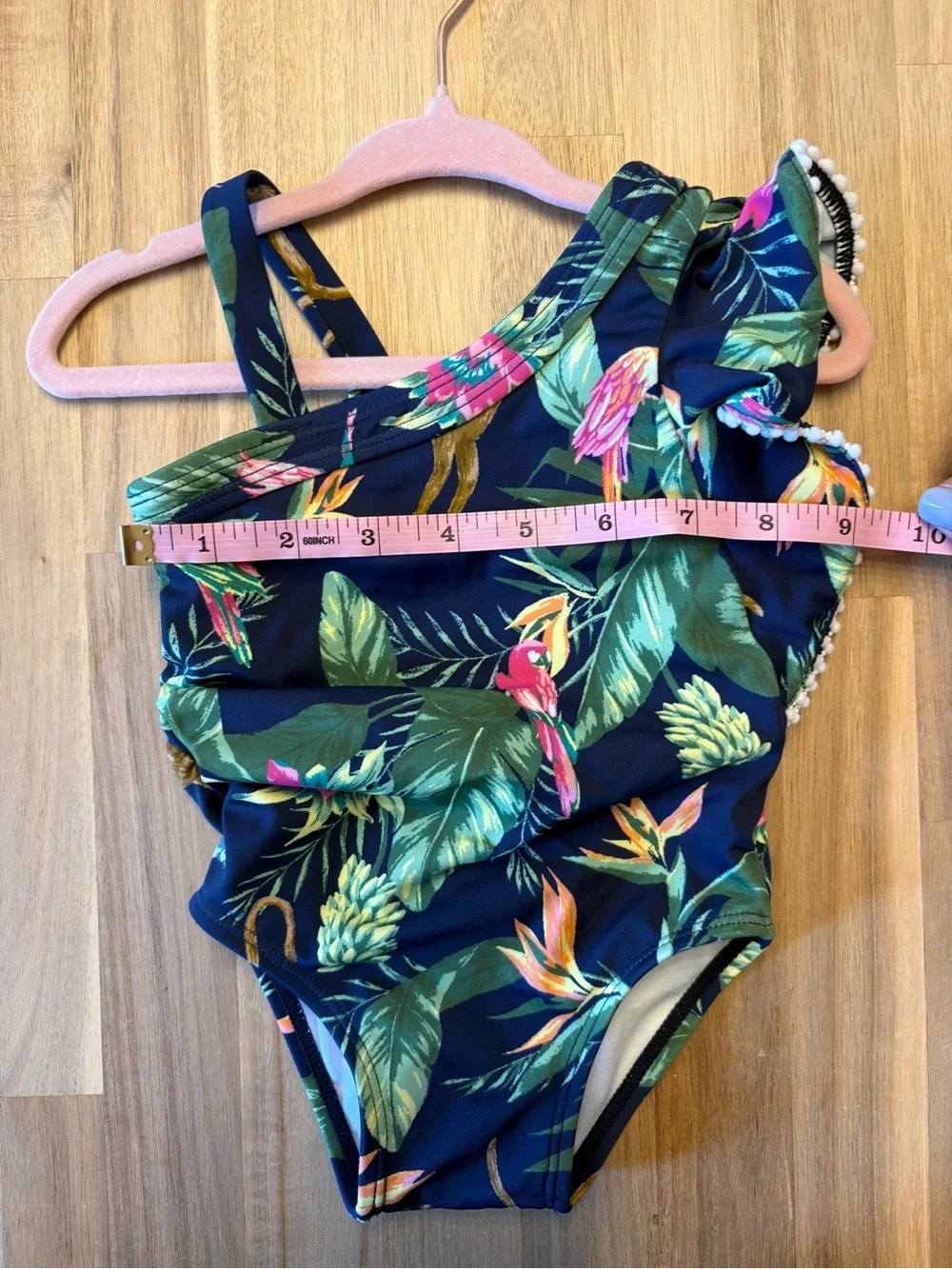 Janie and Jack Navy Tropical Asymmetrical One-Shoulder Ruffle Baby Girl Swimsuit